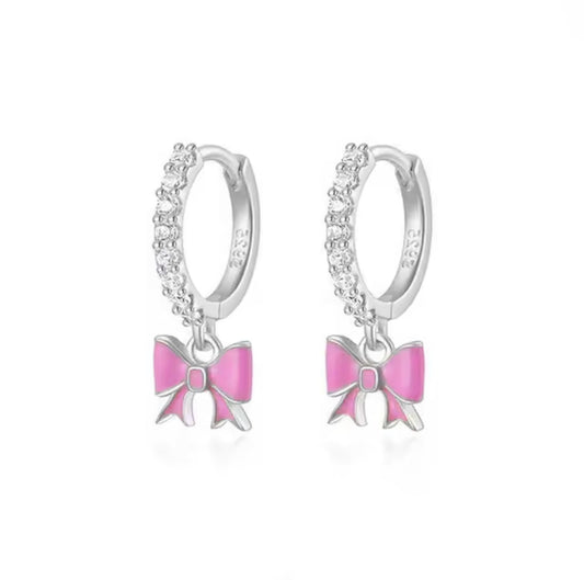 PINK BOW EARRINGS - SILVER